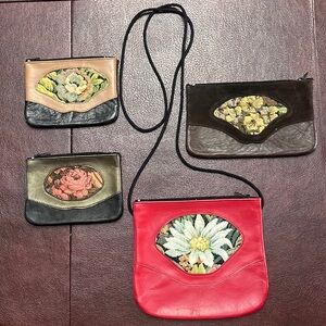 Leather and floral tapestry crossbody and clutch set